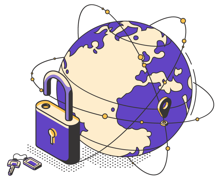 An illustration of a globe with an unlocked lock in front of it