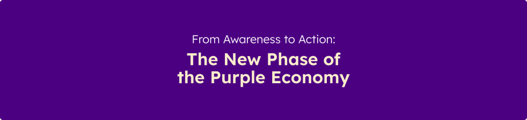 Banner displaying the message "From Awareness to Action: The New Phase of the Purple Economy" on a purple background.