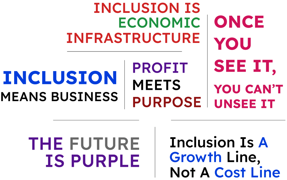 Graphic featuring the phrases 'Inclusion is economic infrastructure', 'Once you see it, you can’t unsee it', and 'The future is purple' with references to growth, profit, and purpose