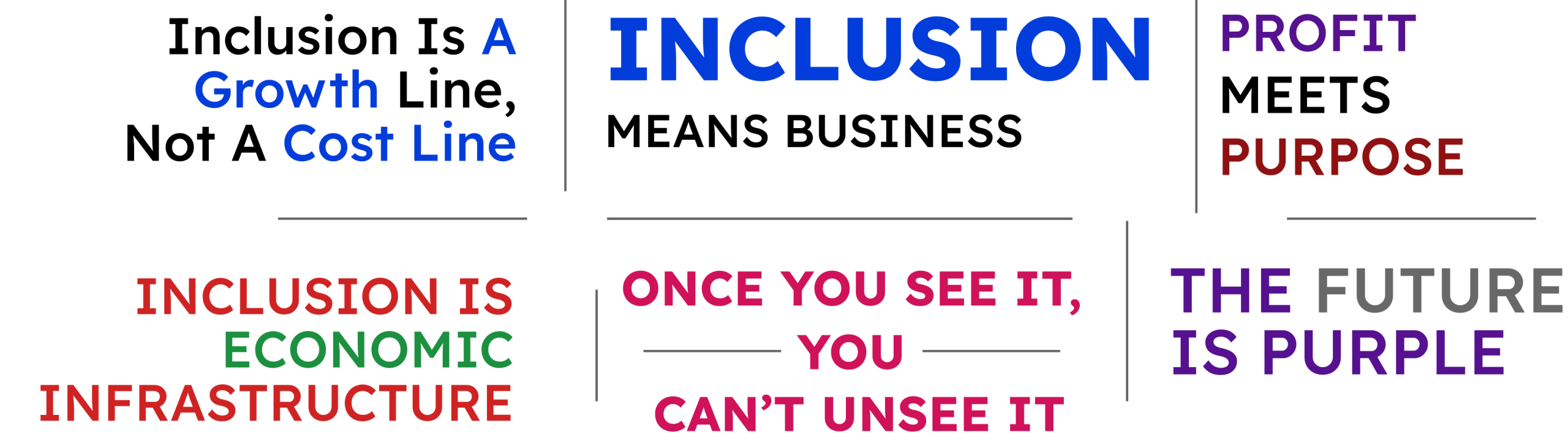 Graphic featuring the phrases 'Inclusion is economic infrastructure', 'Once you see it, you can’t unsee it', and 'The future is purple' with references to growth, profit, and purpose
