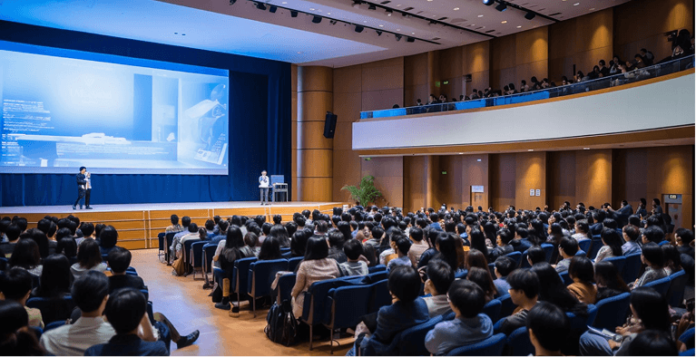 Large audience attending a seminar in an auditorium.