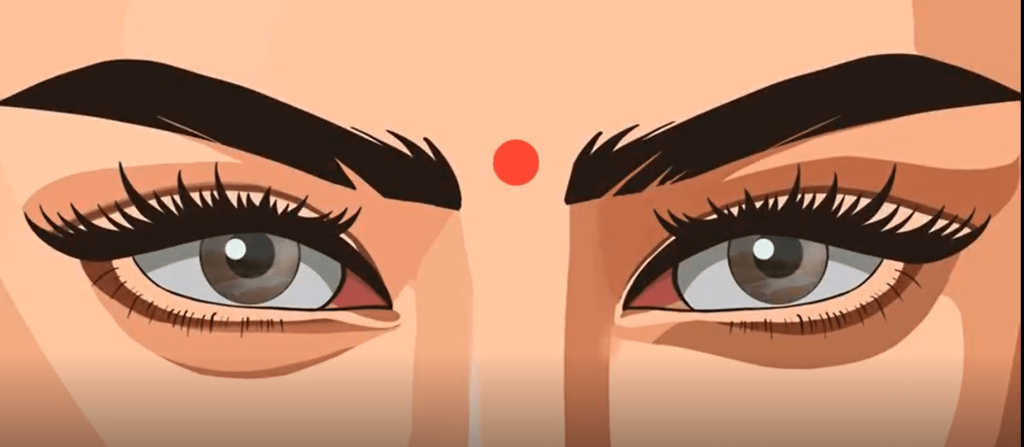 Illustration of expressive eyes with a red bindi, representing Indian cultural identity.