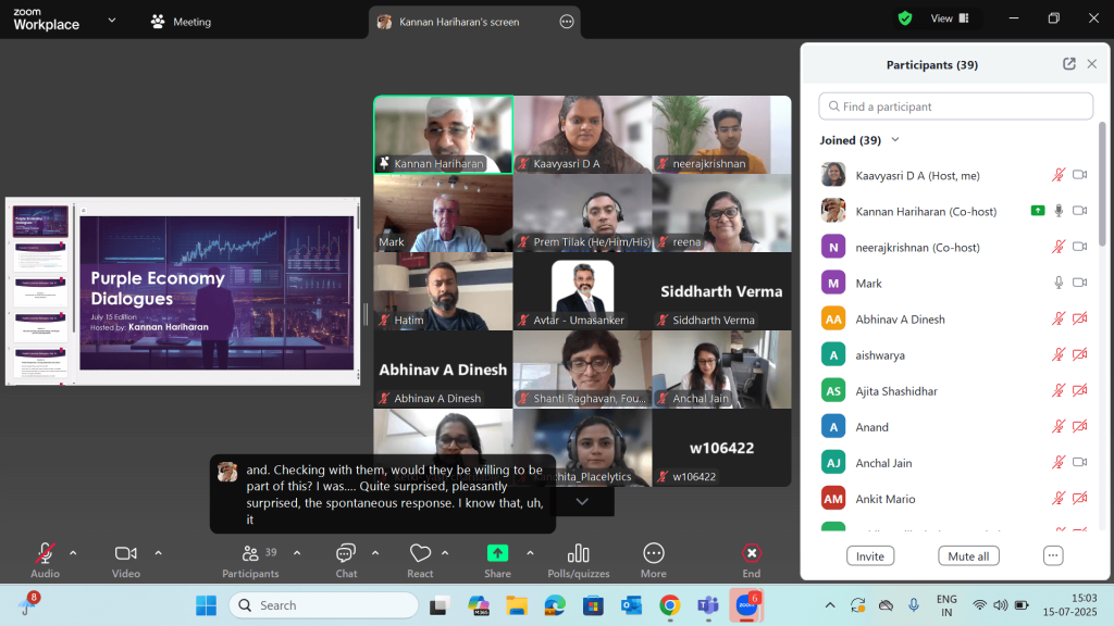A virtual meeting screenshot with participants and a Purple Economy Dialogues slide.