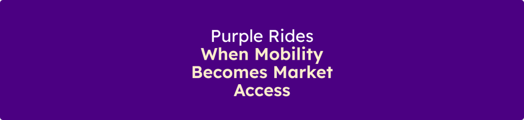 Banner displaying the message "Purple Rides: When Mobility Becomes Market Access" on a purple background.