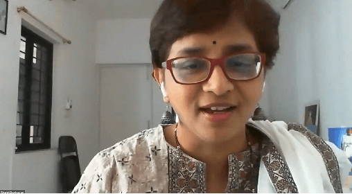 Shanti Raghavan speaks during a video call.
