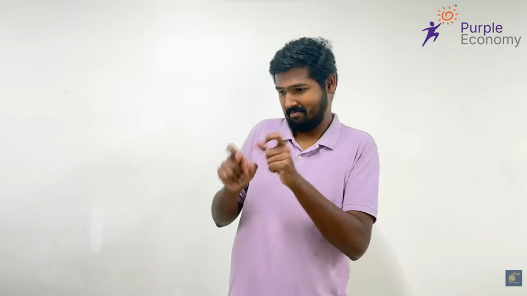 Person demonstrating sign language with Purple Economy logo.