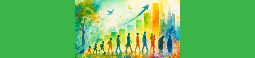 People progressing through life stages with an upward growth chart in the background.