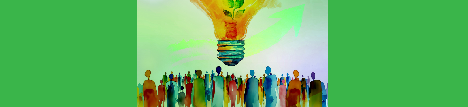 People beneath a glowing light bulb with a growing plant, symbolizing inclusive innovation.